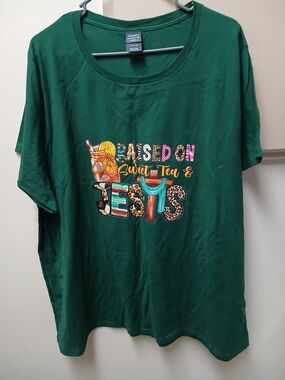 Dark Green Graphic Tee "Raised On Sweet Tea & Jesus"